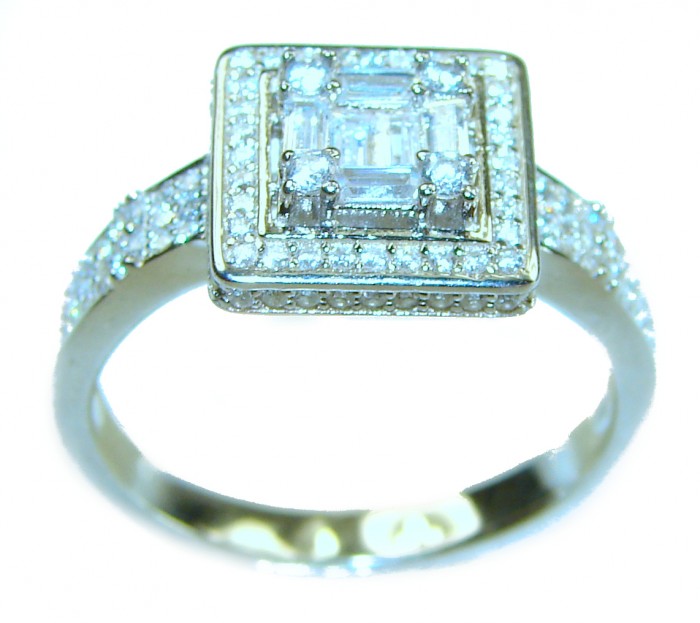 6.8 carat White Topaz .925 Sterling Silver brilliantly handcrafted stack ring s. 9 - Square white topaz ring on sterling silver, top-down view.
