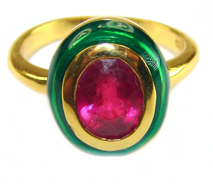 Spectacular Authentic 7.9 carat Ruby 22k Gold over .925 Sterling Silver handmade Cocktail Ring s. 8 - Close-up of 22k gold ring with 7.9 carat ruby and green enamel.