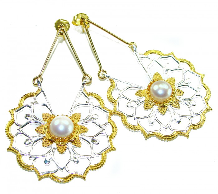 Long- Genuine Pearl 14K Gold over .925 Sterling Silver handcrafted Statement Earrings - Elegant earrings with pearls in gold and silver, top front view.