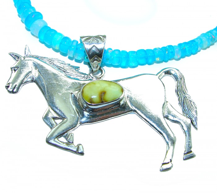 Precious Magic Horse Authentic Corrico lake Turquoise Australian Opal .925 Sterling Silver handmade Statement necklace; 18 - 20 inches long - Detailed view of silver horse pendant with turquoise beads necklace.