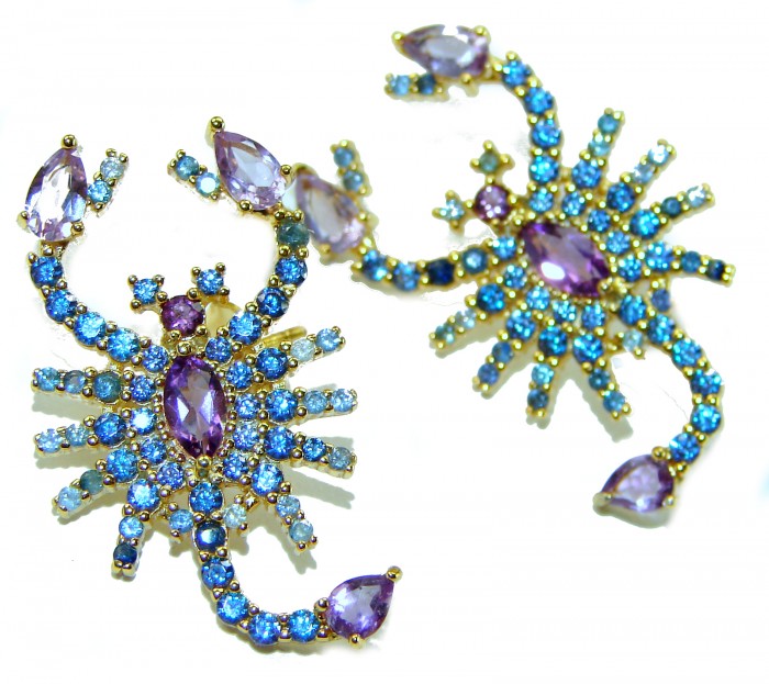 Scorpions authentic 10.2 carat Pink Amethyst Sapphire .925 Sterling Silver Ddipped in 22K Gold handcrafted earrings - Scorpions jewelry with pink amethyst and sapphire, top view.