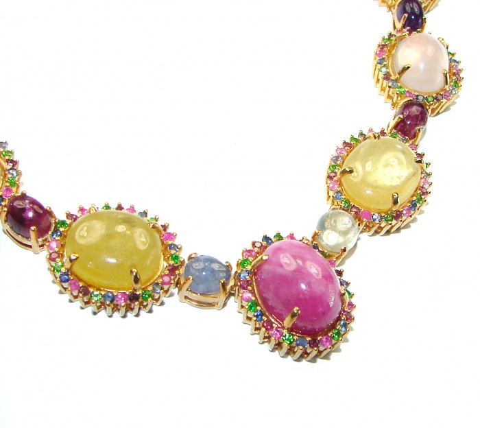 Color Me Brightly - Brazilian Watermelon Tourmaline 18K Gold over .925 Sterling Silver handmade necklace - Close-up of multicolored gemstone necklace in 18K gold settings.