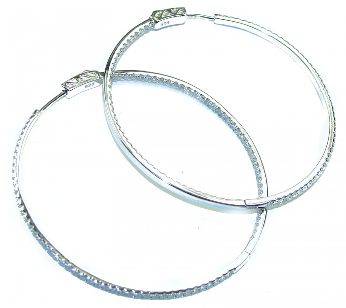 Allure inside-out Natural 8.2 carat White Topaz .925 Sterling Silver handcrafted hoop earrings 2 1/4 inch long - Pair of Allure inside-out white topaz hoops, side view detail.