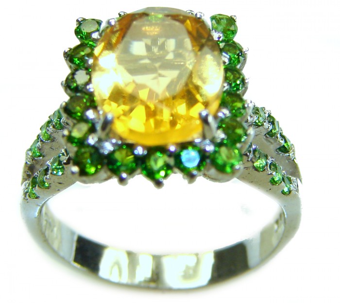 Casablanca 6.5 carat Citrine Emerald .925 Sterling Silver Handcrafted Ring size 6 - Close-up of Casablanca ring with citrine and emeralds on sterling silver.