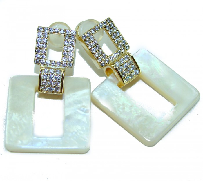 Sublime Blister Pearl White Sapphire 18K Gold over .925 Sterling Silver handcrafted Earrings - Earrings front view with pearls and sapphires set in 18K gold over .925 silver