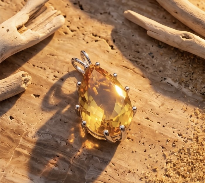 Oval cut 22.5 carat Lemon Quartz rhodium over .925 Sterling Silver handcrafted pendant - Close-up of oval cut 22.5 carat Lemon Quartz pendant on textured surface