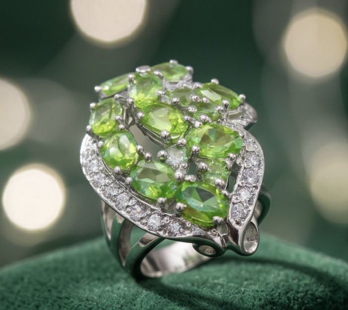 Garden 9.9 carat authentic Himalayan Peridot .925 Sterling Silver Handcrafted Statement Ring size 8 - Close-up of Garden Peridot ring on green background.