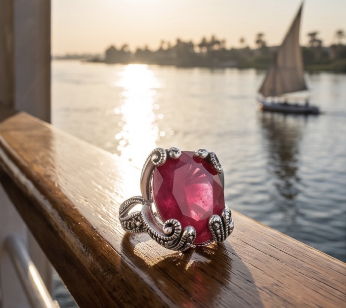 Born to Glam authentic 11.2 carat Ruby rhodium over .925 Silver handcrafted Ring s. 7 - Close-up of Born to Glam ruby ring by a sunlit water scene.