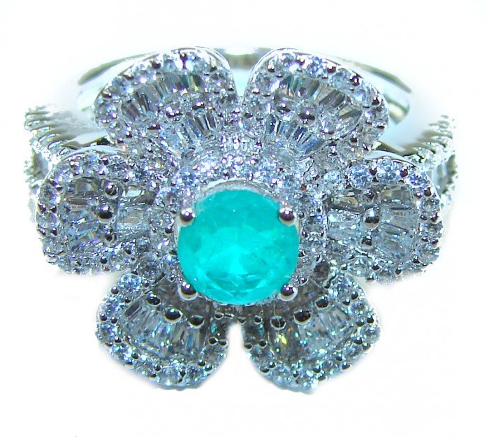 Royalty 2.2 carat round cut Emerald .925 Sterling Silver entirely handmade Statement ring; s. 6 - Emerald flower ring, front view, sterling silver with diamonds detail