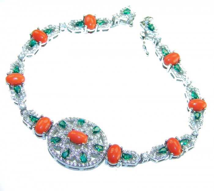 Serenity - 72.5 carat genuine Coral Emerald .925 Sterling Silver handmade Statement Bracelet - Necklace with coral and emerald stones, side view, sterling silver setting.