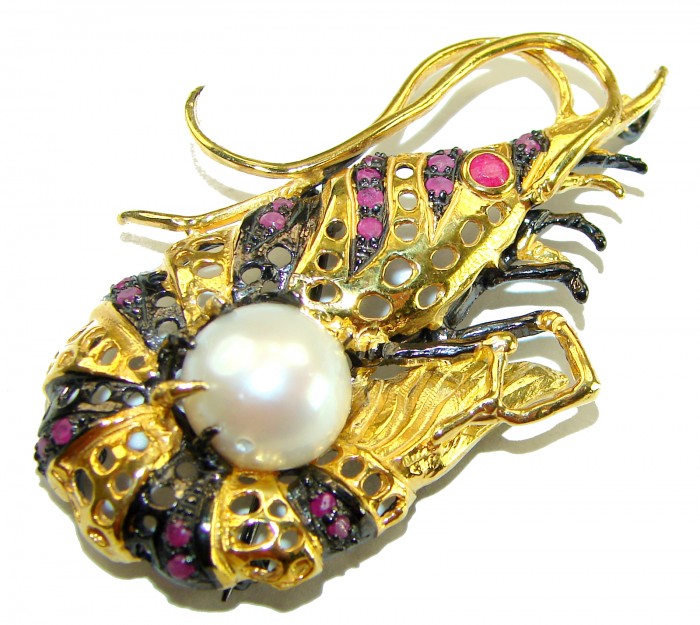 Precious Shrimp genuine Ruby 14k Gold over .925 Sterling Silver handmade Pendant - Brooch - Gold shrimp brooch with pearl and ruby, detailed overhead view.