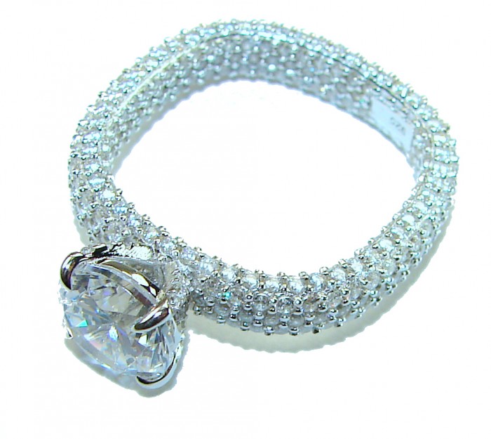 Precious 3.2 carat White Topaz .925 Silver handcrafted Cocktail Ring s. 7 - Square-shaped silver ring with white topaz stone, top view.