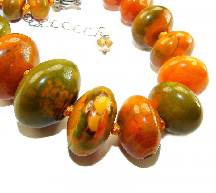 Top quality Rare Unusual Natural Carnelian Agate .925 Sterling Silver Necklace - Close-up of beaded Carnelian Agate necklace with sterling silver clasp