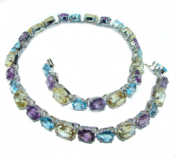 SPECTACULAR Perfect Fusion 225.5 carat authentic MultiGEM .925 Sterling Silver handcrafted necklace - Multi-gem necklace and bracelet set, top view showcasing gemstones.