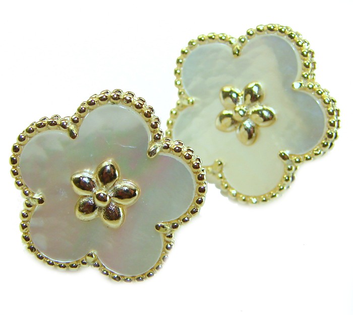 Genuine Blister Pearl 14K Gold over .925 Sterling Silver handcrafted Statement Earrings - Gold-trimmed pearl earrings close-up, flower design.