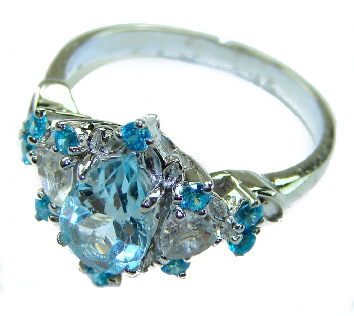 Emily 8.5 carat Swiss Aquamarine Ruby .925 Sterling Silver handmade Statement Ring size 7 - Aquamarine ring stone close-up, 8.5 carat, sterling silver setting.
