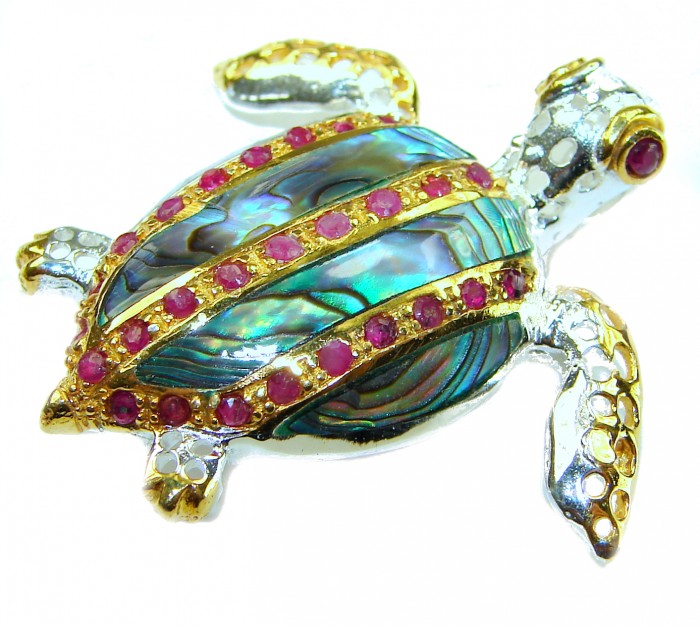Good health and Long life Turtle Genuine Rainbow Abalone 14K Gold over .925 Sterling Silver handcrafted Pendant brooch - Colorful turtle brooch with abalone shell and ruby details, top view.
