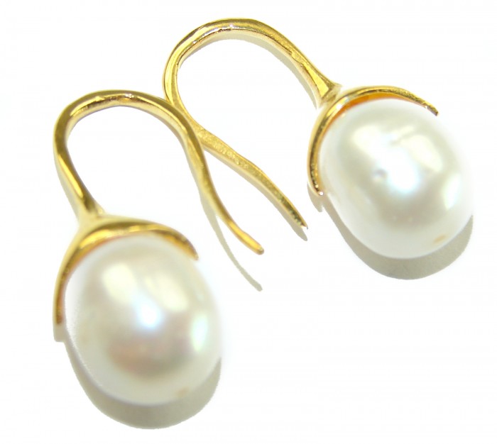 Genuine Pearl 18K Gold over .925 Sterling Silver handcrafted Statement Earrings - Side view of genuine pearl earrings with gold over sterling silver.