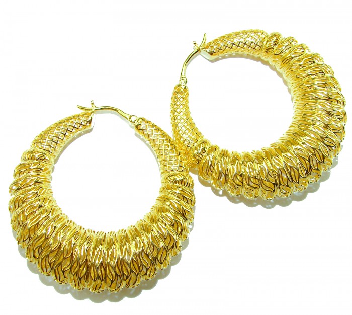 Black Label Collection - Dubai Style - Natural 22K Gold over .925 Sterling Silver handmade LARGE hoop earrings - Gold hoop earrings, textured detail, overhead view.