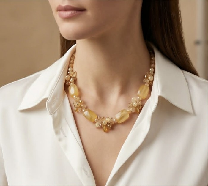 Dazzling vintage natural rough Brazilian Citrine .925 Sterling Silver handcrafted Large necklace - Woman wearing vintage citrine necklace with a white shirt.