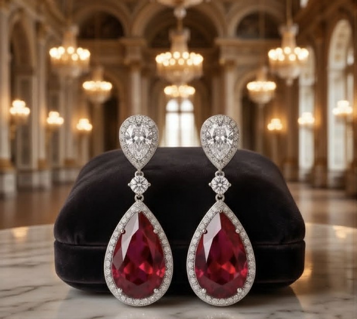 Giovanna Natural 20.2 carat Red Topaz .925 Sterling Silver handcrafted Statement earrings - Giovanna red topaz earrings front view on black velvet background