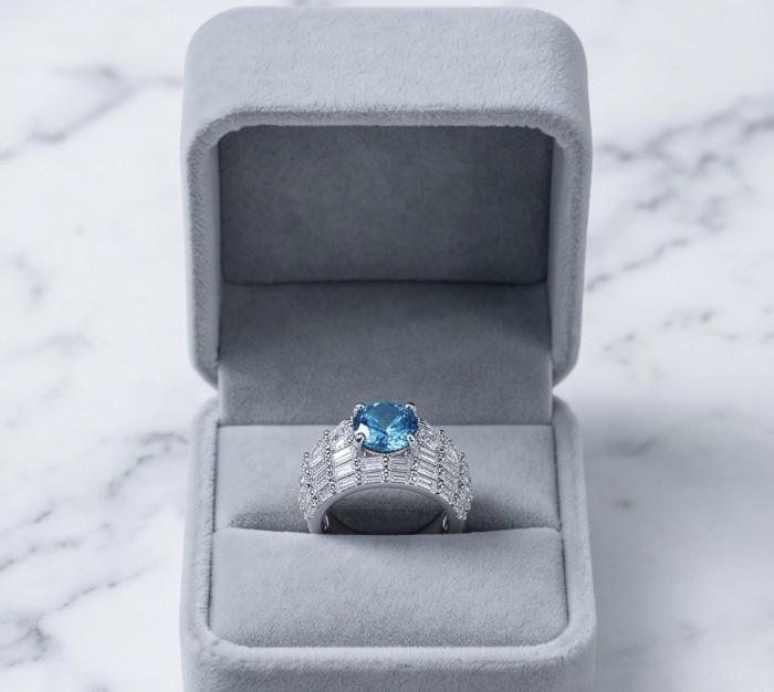 Art Deco Blue Treasure 4.8 carat London Blue Topaz .925 Sterling Silver handmade Statement Ring size 6 - Art Deco ring with blue topaz in open box, top view.