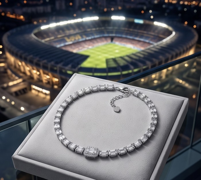 Mademoiselle 10.2 carat Moissanite .925 Sterling Silver Statement Bracelet - Necklace on display with stadium view, showcasing elegant clasp and stones.