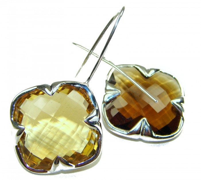 Alessandra 22.5 carat Champagne Smoky Topaz .925 Sterling Silver handmade Earrings - Alessandra earrings, topaz stone close-up, sterling silver setting