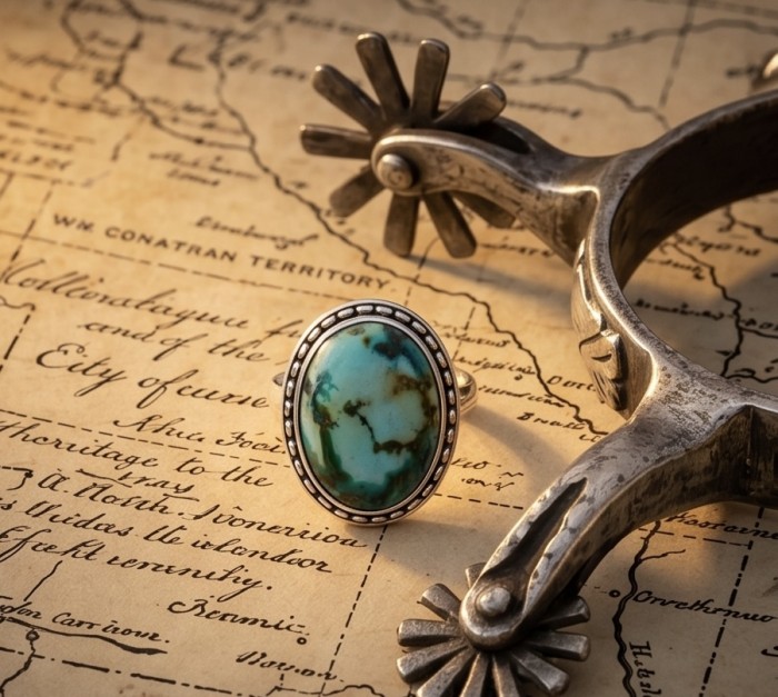 Beautiful Journey - Rare authentic Turquoise .925 Sterling Silver handcrafted Large ring; s. 7 1/2 - Turquoise ring close-up on a vintage map with a spur.