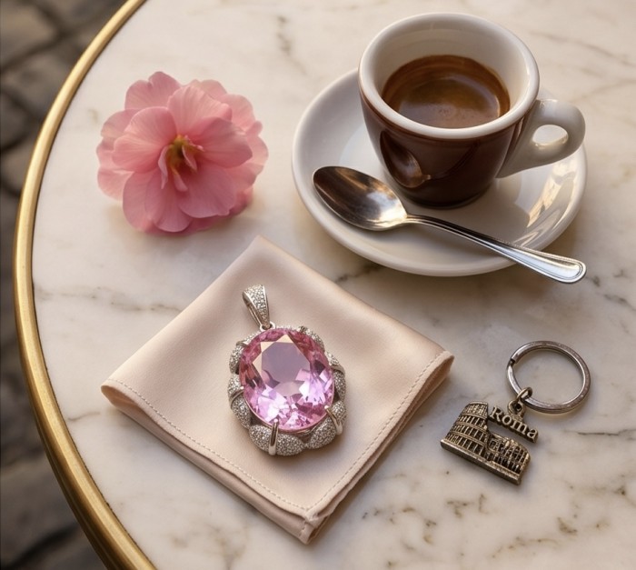 Oval cut 15.8 carat Bubblegum Pink Sapphire from Madagascar .925 Sterling Silver handcrafted pendant - Pink sapphire pendant on cloth with coffee, flower, and Rome keychain.