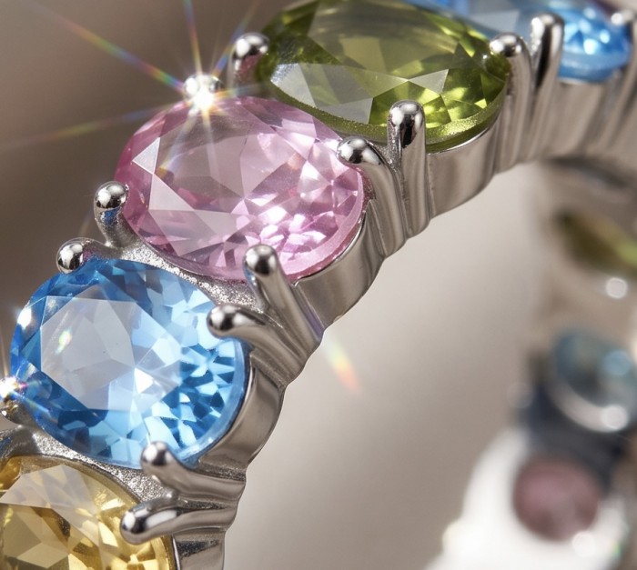 My own Rainbow - authentic 12.7 carat multigem .925 Sterling Silver Eternity Ring size 7 1/4 - Close-up of multigem stones set in sterling silver ring.