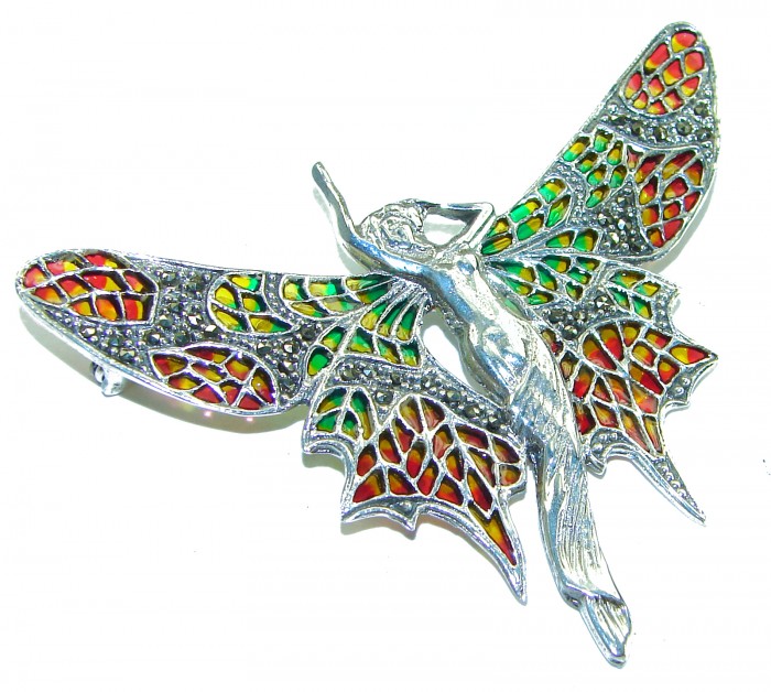 Natural Enamel Elf .925 Sterling Silver Brooch Pendant - Colorful enamel elf brooch-pendant, top view, intricate design