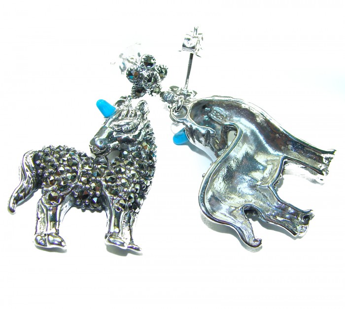 My sweet Unicorns Marcasite .925 Sterling Silver handmade Earrings - Close-up of unicorn-shaped marcasite silver earrings with blue accents