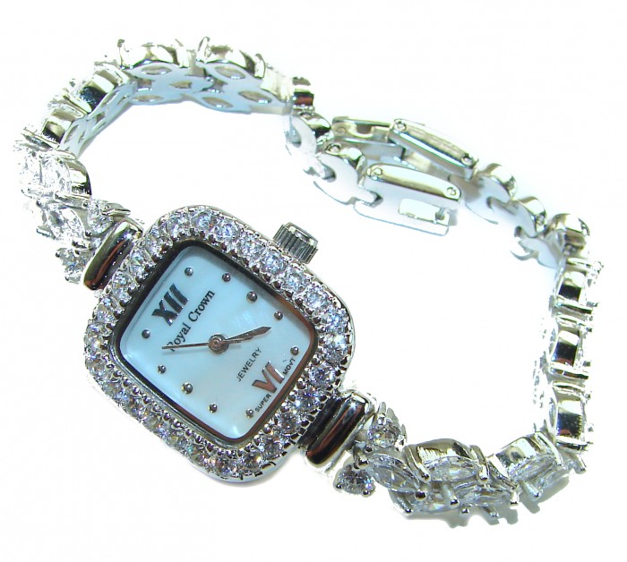 Precious 89.8 carat White Topaz .925 Sterling Silver handmade Bracelet - Watch - Elegant wristwatch with white topaz, angled to show bracelet detail