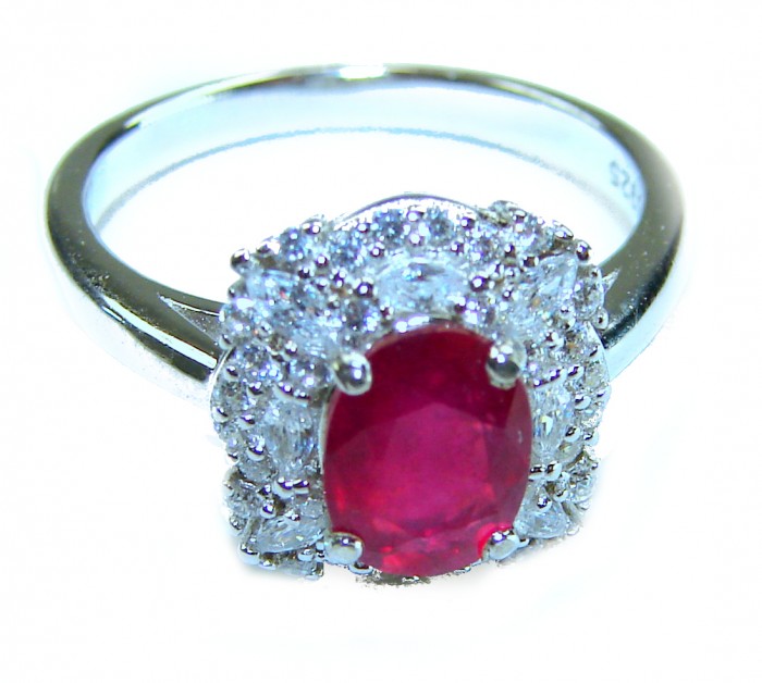 Spectacular Authentic 4.3 carat Ruby .925 Sterling Silver handmade Cocktail Ring s. 7 1/4 - Close-up of 4.3 carat ruby ring in sterling silver setting