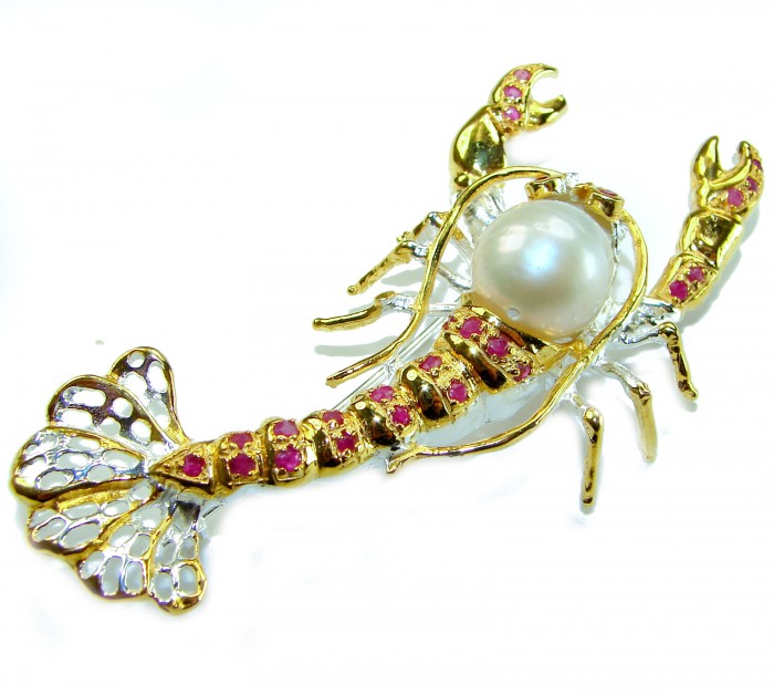 Precious Crayfish Natural Mother of Pearl Ruby 18K Gold over .925 Sterling Silver handmade Pendant Brooch - Crayfish brooch with pearl and rubies, top view.