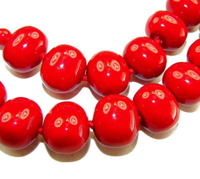 ESTANCIA Sublime natural Red Fossilized Coral Sterling Silver handmade Necklace - Close-up of red fossilized coral beads on necklace.