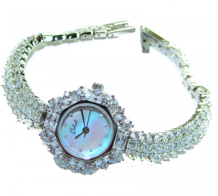 Precious 95.8 carat natural White Topaz .925 Sterling Silver handmade Bracelet - Watch - Elegant watch with white topaz, front angle.