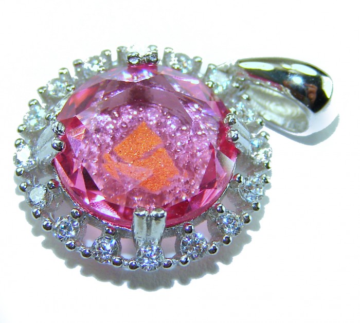 Love 10.8 carat Pink Topaz rhodium over .925 Sterling Silver handcrafted Statement Pendant - Close-up of pink topaz pendant in rhodium over sterling silver.