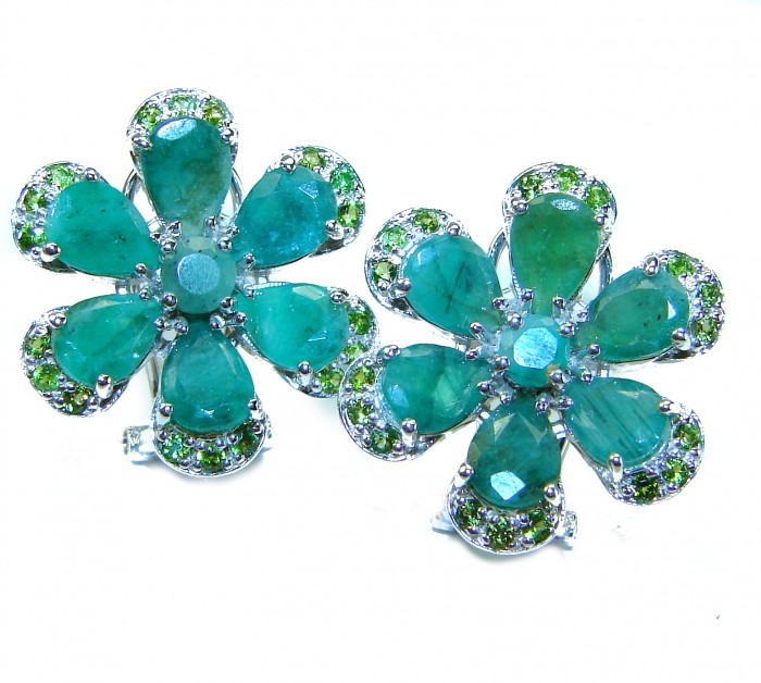 Amazonia - 339.8 carat Colombian Emerald .925 Sterling Silver handmade Statement Earrings - Close-up of Amazonia flower-shaped emerald earrings in sterling silver