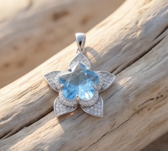 Forget -Me- Not flower 9.7 carat genuine Swiss Blue Topaz .925 Sterling Silver handmade Statement Pendant - Close-up of forget-me-not pendant with Swiss Blue Topaz on wood background.