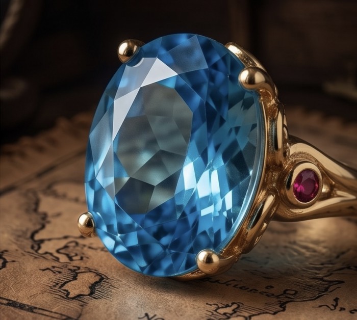 Conqueror Natural 34.8 carat Swiss Blue Topaz Enamel .925 Sterling Silver dipped in 22K Gold handmade Statement Ring size 8 - Close-up of Swiss Blue Topaz ring with gold setting and red accents