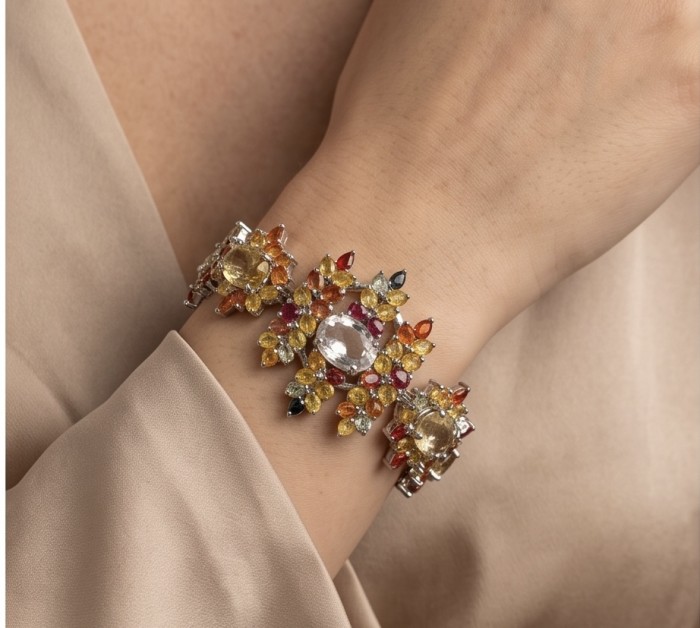 Victoria Authentic 55.5 carat multicolor Sapphire .925 Sterling Silver brilliantly dipped in Rhodium handcrafted Statement Bracelet - Victoria Authentic 55.5 carat multicolor Sapphire bracelet worn on wrist
