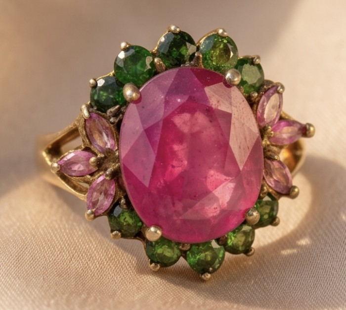 Scarlett 17.5 ctw Mozambique Ruby .925 Sterling Silver dipped in 22K Gold handcrafted Statement Ring size 7 - Close-up of Scarlett 17.5 ctw Mozambique Ruby ring with green accents.