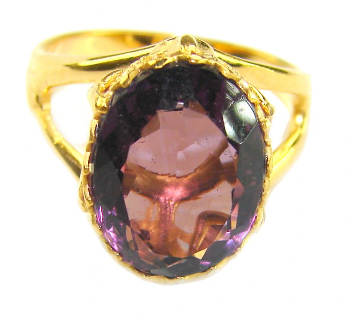 Purple Royalty 10.5 carat Amethyst .925 Sterling Silver dipped in 14K Rose Gold over Handcrafted Ring size 6 - Close-up of gold ring with a 10.5 carat purple amethyst stone