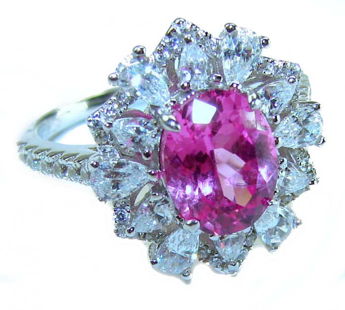 Blooming Beauty 5.8 carat Pink Sapphire .925 Silver handcrafted Cocktail Ring s. 6 1/4 - Pink Sapphire ring, top view, 5.8 carats, .925 silver, floral design.
