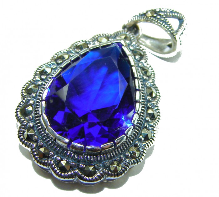 Julietta 14.5 carat London Blue Topaz Marcasite .925 Sterling Silver handmade Statement Pendant - Close-up of blue topaz pendant with marcasite in silver setting.