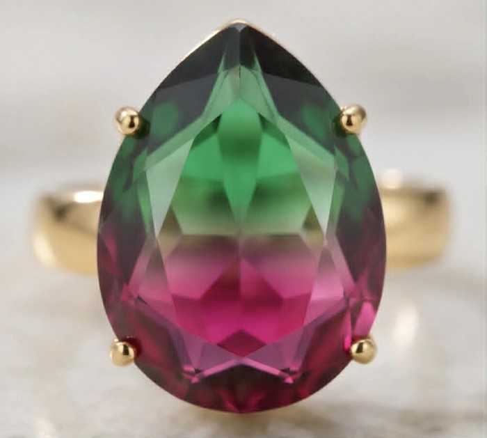 6.8 carat Brazilian Tourmaline .925 Sterling Silver dipped in 18K Gold Perfectly handcrafted Ring s. 8 adjustable - Close-up of a 6.8 carat Brazilian Tourmaline ring in sterling silver.