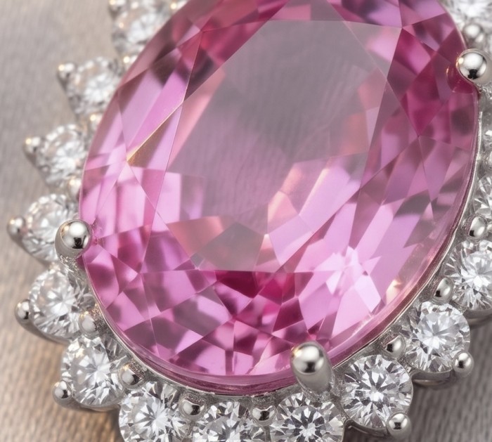Incredible oval cut 15.8 carat Pink Sapphire .925 Sterling Silver handcrafted pendant - Close-up of oval cut pink sapphire with diamond halo.