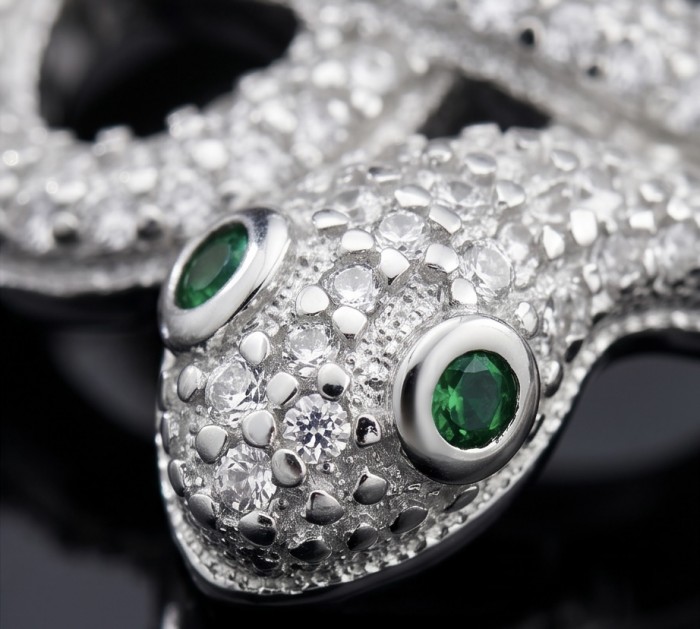 Precious Boa Snake Genuine Emerald White Topaz .925 Sterling Silver handcrafted Ring s. 8 - Snake design jewelry close-up with emerald eyes and topaz details